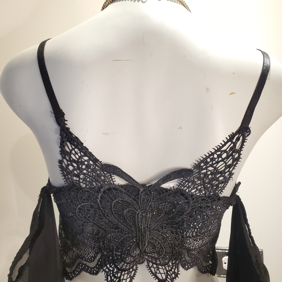 Dark Boho Lace & Mesh Open Bell Sleeve Tank w Butterfly Design on Back - Picture 5 of 7